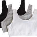 Fruit of the Loom Girls' 3 Pack Cotton Built-Up Stretch Sports Bra in Everyday Colors, Black/ White/ Heather Grey, 36