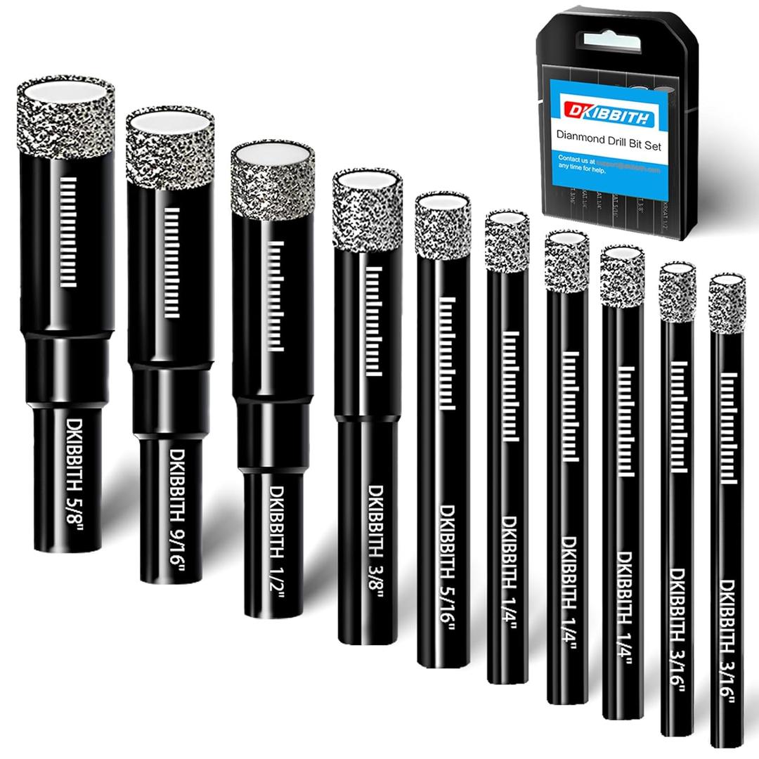 10pc Dry Diamond Core Drill Bits Set, Tile Drill bits for Ceramic Porcelain Marble Granite Stone Glass, Integrated Coolant for Dry Drilling, Round Shank, Size 3/16" 1/4" 5/16" 3/8" 1/2" 9/16" 5/8"