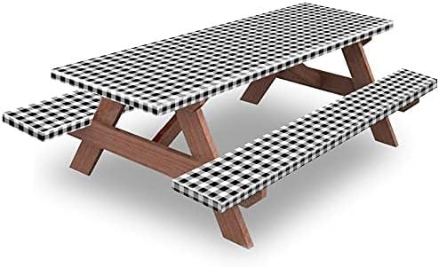 KENOBEE 6ft Picnic Table and Bench Cover, Camping Essentials RV Gear, 72in Waterproof Windproof Outdoor Elastic All Around Tablecloth, Fitted Rectangle Tables and Seats, Black-White Checkered