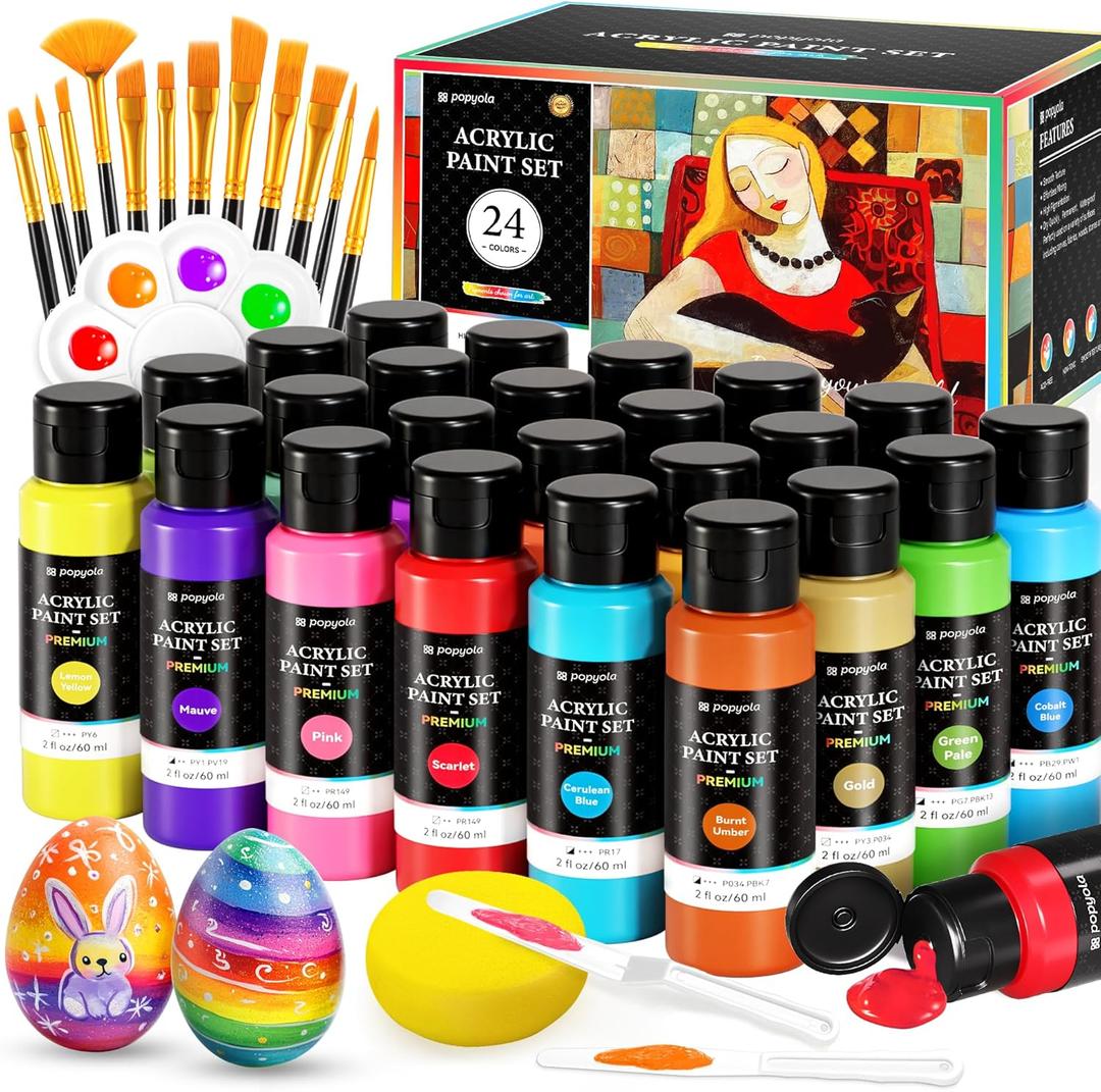 40 PCS Acrylic Paint Set with 12 Brushes, 2 Knives, Palette & Sponge, 24 Colors (2oz/60ml) Art Craft Paint for Adults Kids Artists Beginners, Canvas Ceramic Rock Eggs Painting Kit Art Supplies