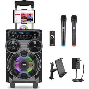 Pyle Portable Bluetooth PA Speaker - 580W 8 Rechargeable Outdoor BT Karaoke Audio System - TWS, Disco Party Lights, LED Display, FM/AUX/MP3/USB/SD, 6.5mm in, Trolley, Wheels - Wireless Mic, Remote (New Black)