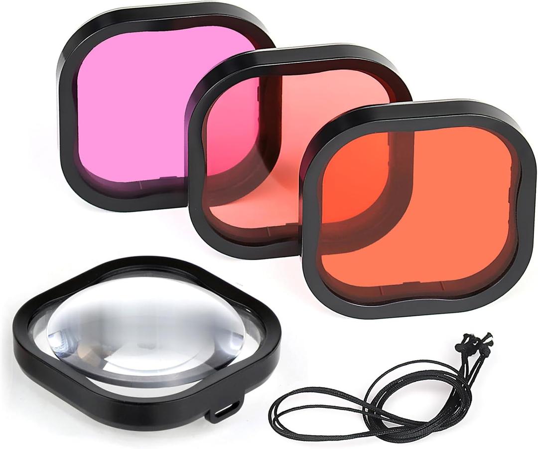 GEPULY 4 Pack Underwater Dive Filters for GoPro Hero 8 9 10 11 12 13 Black Official Waterproof Housing Case in Red, Light Red, Magenta, and 5X Close-up Filters for Underwater Color Correction