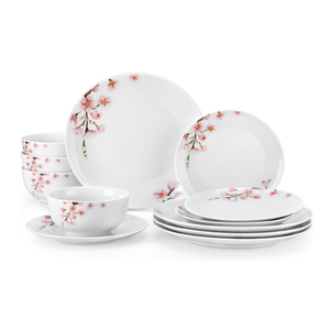 VEWEET Porcelain Dinnerware Sets for 4, 12 Pieces Plates and Bowls Set with Pink Floral, Kitchen Dishes Set Dining Ware for Family, Microwave and Dishwasher Safe, Series ANNIE