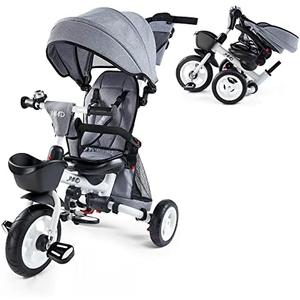 Tricycle Stroller, 4 in 1 Folding Smart Baby Kids Bike Trikes Stroller with Push Handle, 360°Swivel Seat, 3-Gear Adjustable Carport and Seat Backrest, Adjustable Pusher, Push Tricycle for Toddlers 0-7