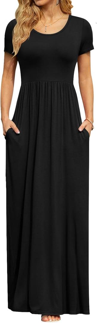 DB MOON Womens 2026 Summer Maxi Dresses Casual Short Sleeve Empire Waist Spring Long Dress with Pockets (XX-Large, Black)