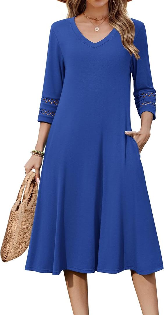 Zeagoo Women Casual Dress 3/4 Sleeve Casual Loose Midi Dress (Small, Blue)