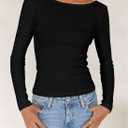 Falechay Long Sleeve Shirts for Women Sexy Backless Striped Tops Going Out T-Shirt Y2K Crop Womens Blouse Boat Neck Outfit (Black, S)