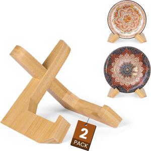 Plate Stand, Bowl Stands for Display, Bamboo Wooden Display Stand Easel Frame Holder for Large Deep Bowls Platters and Dishes (Yellow, 4.5 Inch)