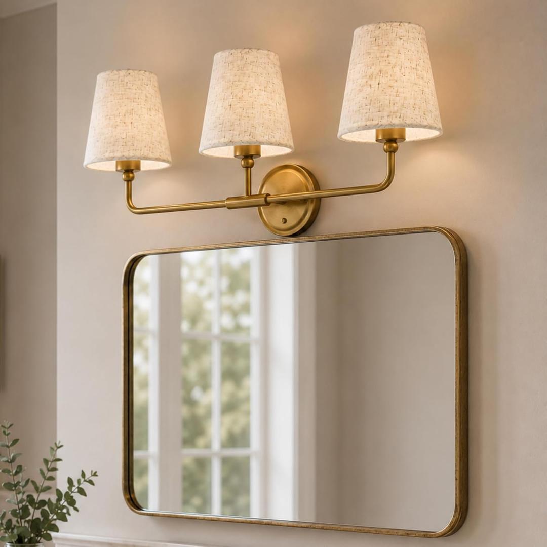 AUTELO Gold Vanity Light, Lights for Vanity with Fabric Linen Shade, 3-Light Wall Sconce, Lighting Fixtures Over Mirror for Bathroom Bedroom, W2664-3 BG