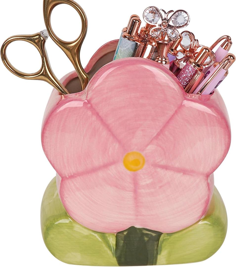 Pink Flower Pen Holder, Pencil Holder for Desk, Makeup Brush Holders, Cute Home Decoration, for Countertop, Vanity Table, Desk, Organizer Bathrooms (Pink)