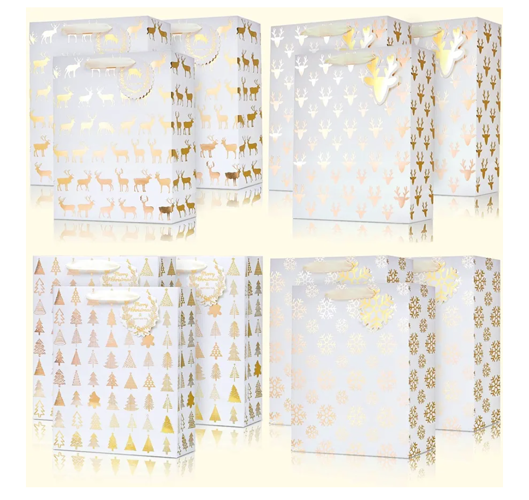 UNIQOOO 12PCS Metallic Gold Christmas Gift Bags Bulk with Tag, Large 12.5 x10.5 Inch, Assorted Snowflake, Reindeer, Xmas Tree Holiday Gift Wrap Paper Bag For Shirt, New Year Party Favor Gift Packaging