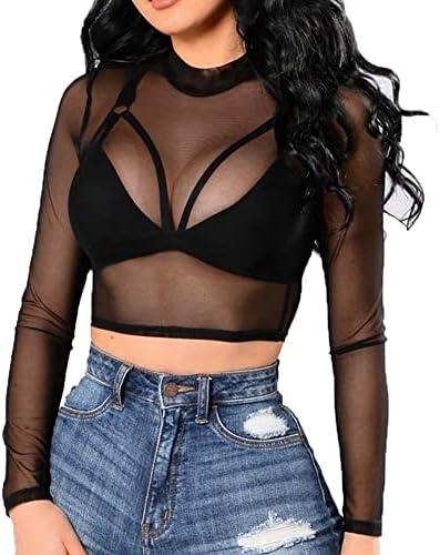 BelleLovin Women's Sheer Mesh Long Sleeve Crop Top Sexy Tee Blouse XL