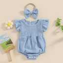 Newborn Baby Girl Clothes Ruffle Sleeve Solid Smocked Bubble Romper Jumpsuit Bow Headband Cute Summer Clothes (Blue)