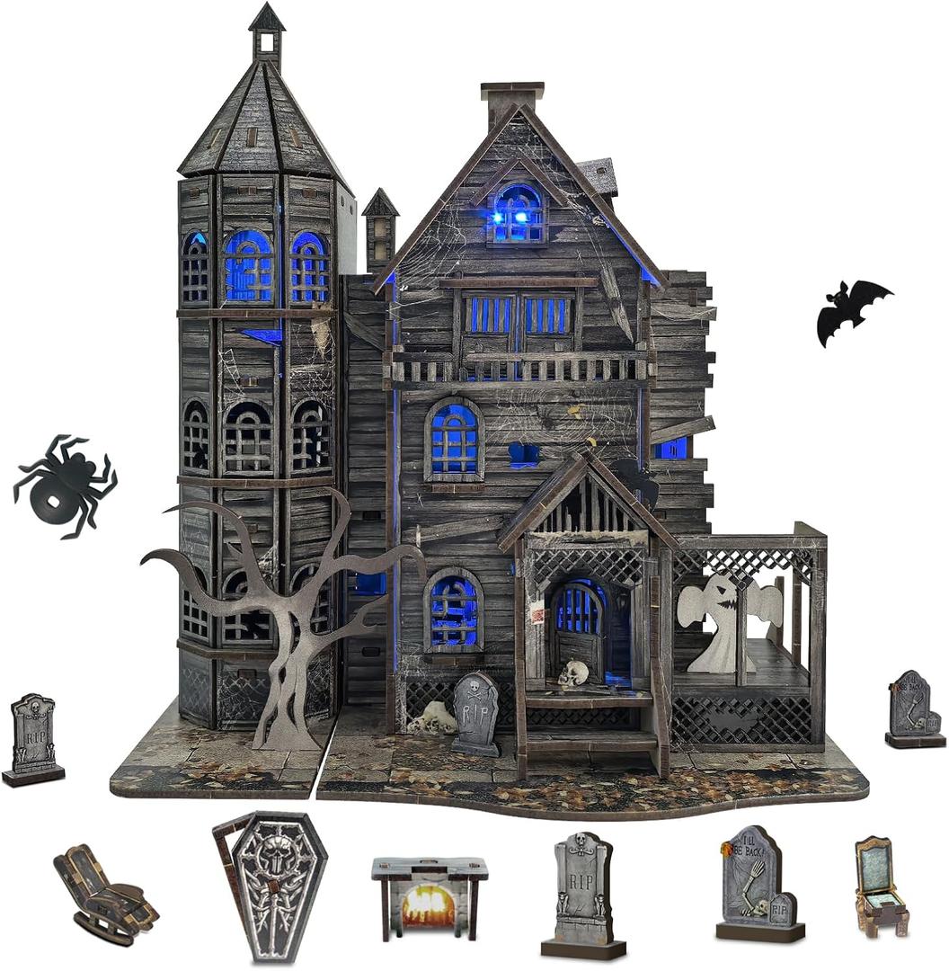 DIY Miniature House Kit, Haunted House Halloween 3D Wooden Puzzles for Adults, Dollhouse Bookshelf Insert Decor Alley-Creativity Kit with LED Light