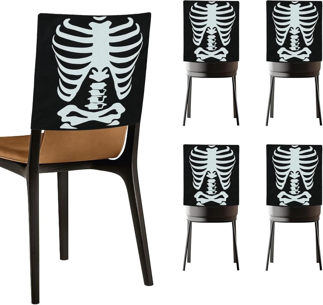 Halloween Chair Covers, Skeleton and Spider Design Chair Back Decor for Party, Halloween Home Decorations, Set of 4