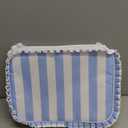 Blue Striped Ruffle Makeup Bag Large Travel Cute Checkered Cosmetic Toiletry Bag with Zipper for Women Girls, Toiletry Pouch Make up Organizer Gift