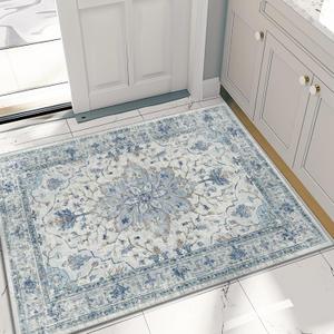 Area Rugs 2'x3' Washable Non-Slip, Floral Vintage Distress Print Pattern Medallion Carpet for Living Room Bedroom Dining Room, Light Blue Navy Beige Gray White