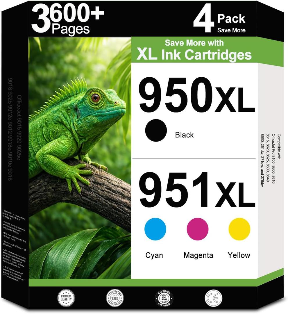950XL 951XL Combo Compatible for HP 950 951 XL Ink Cartridge Work for OfficeJet Pro 8640 8660 8100 8110 8600 8610 8615 8620 8625 8630 Printers with V27.2.1 Chip ( 4-Pack Black, Cyan, Magenta, Yellow )
