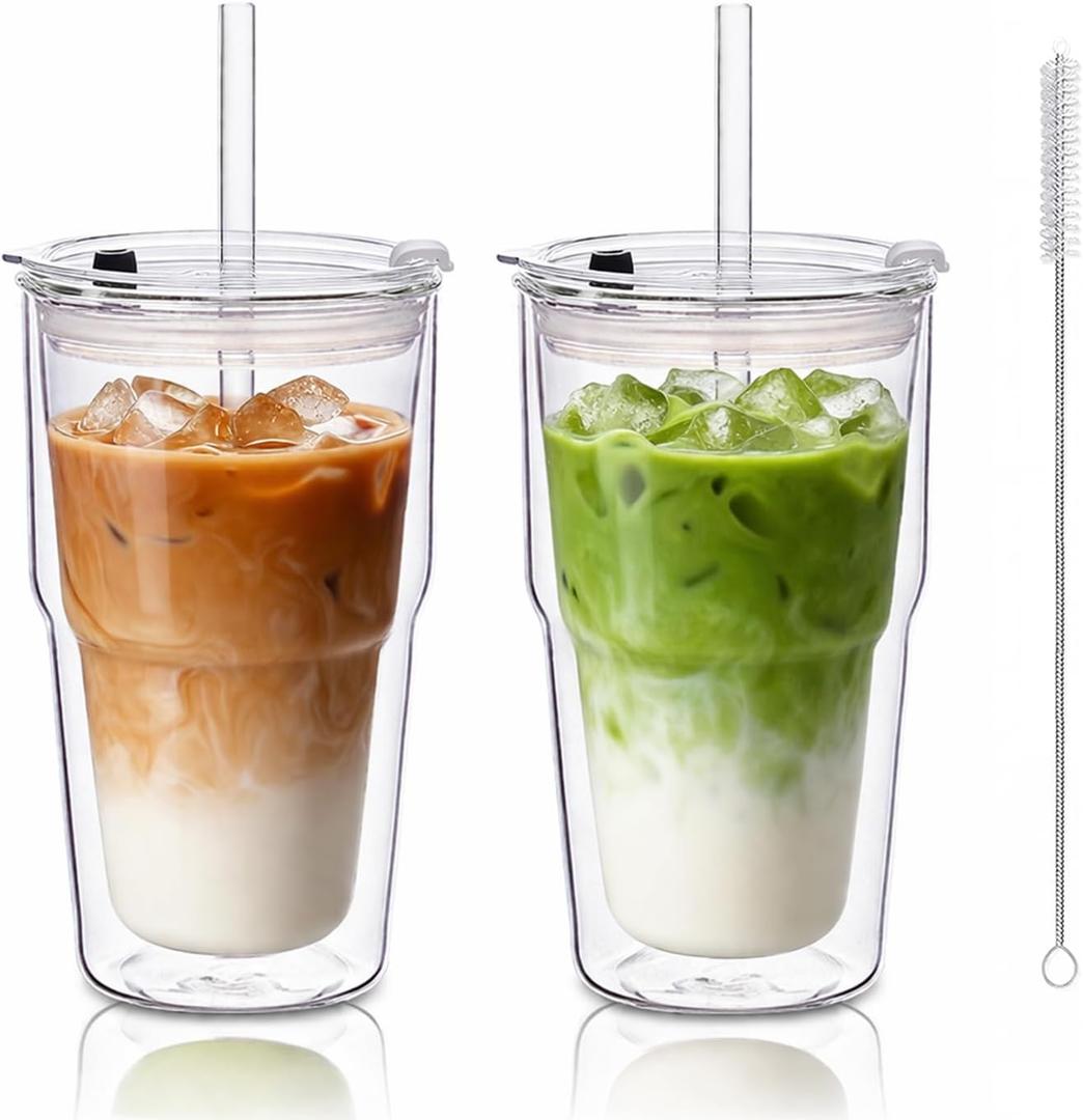 KEMORELA 16oz Clear Glass tumbler with Lids and Straws 2pcs,Double Wall Iced Coffee Cups with Lids,Coffee Bar Accessories, Insulated Borosilicate Glass Tumblers, To Go Coffee Cups, Spill proof