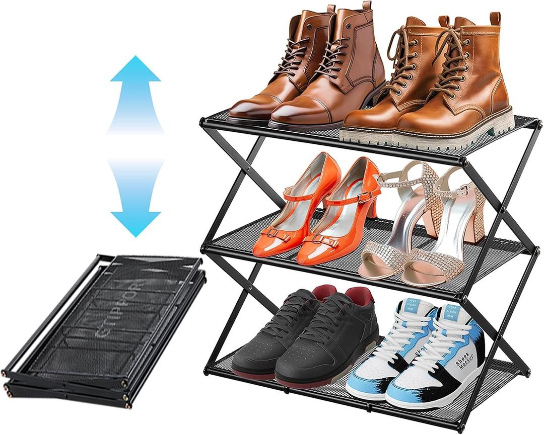 Small Shoe Rack for Entryway - 3 Tier Shoe Organizer Metal Foldable Shoes Storage Rack, Zero Tool Install, Sturdy Shoe Rack for Closet, Front Door Entrance, Living Room - Space Saving, Black (X Shape(black))
