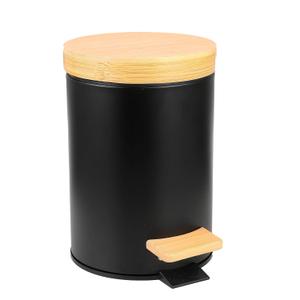 ODJSY Small Bathroom Trash Can with Natural Bamboo Lid Soft Close，3 Liter / 0.8 GallonStainless Steel Garbage Can with Removable Inner Bucket andStep Pedal（Black）