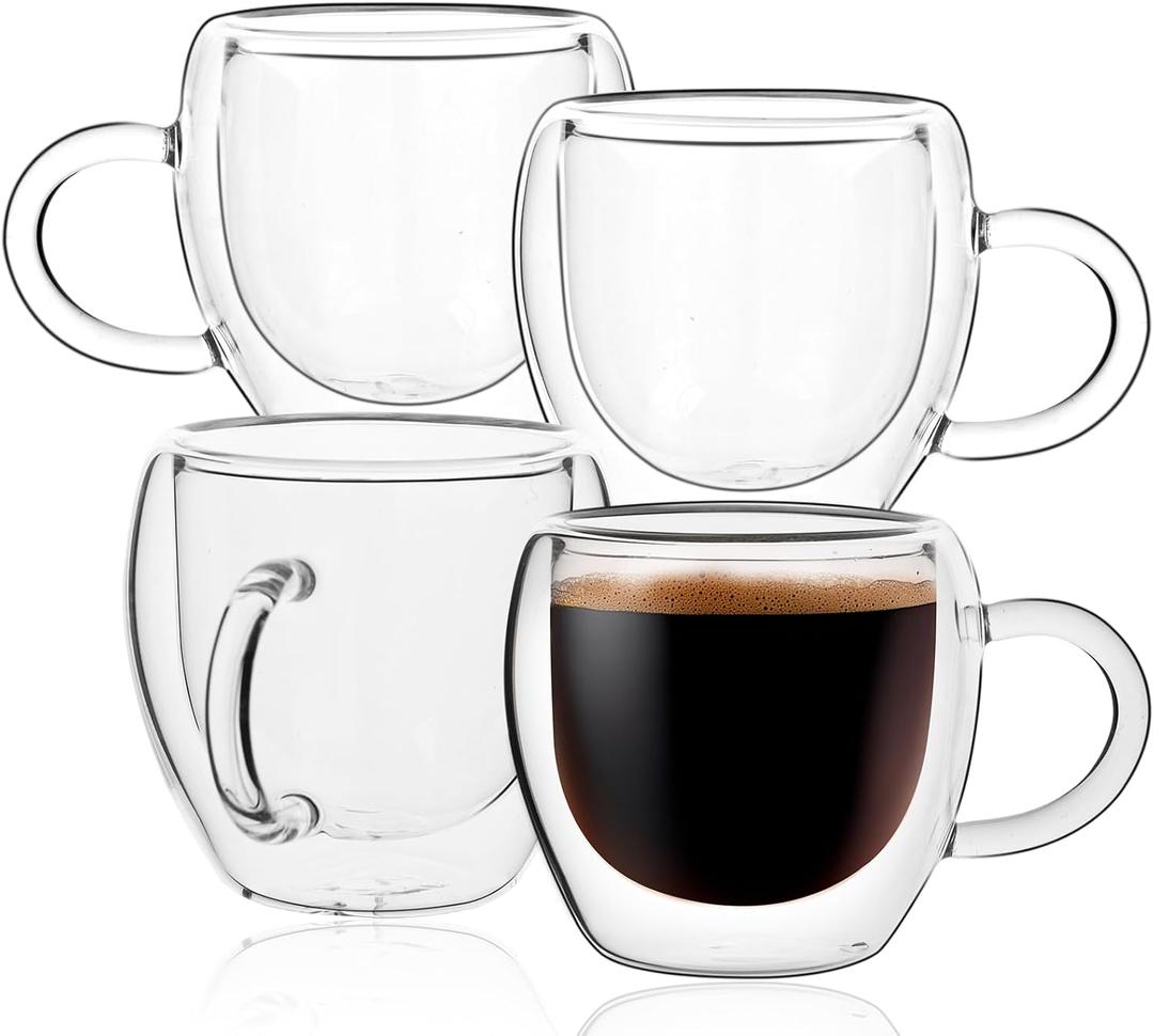 Espresso Cups Set of 4 with Handle, 2.5oz Expresso Coffee Cup, Small Expresso Shot Glasses, Clear Double Wall Insulated Espresso Mugs,Tazas de Cafe Expreso, Suit for Espresso Machine Accessories