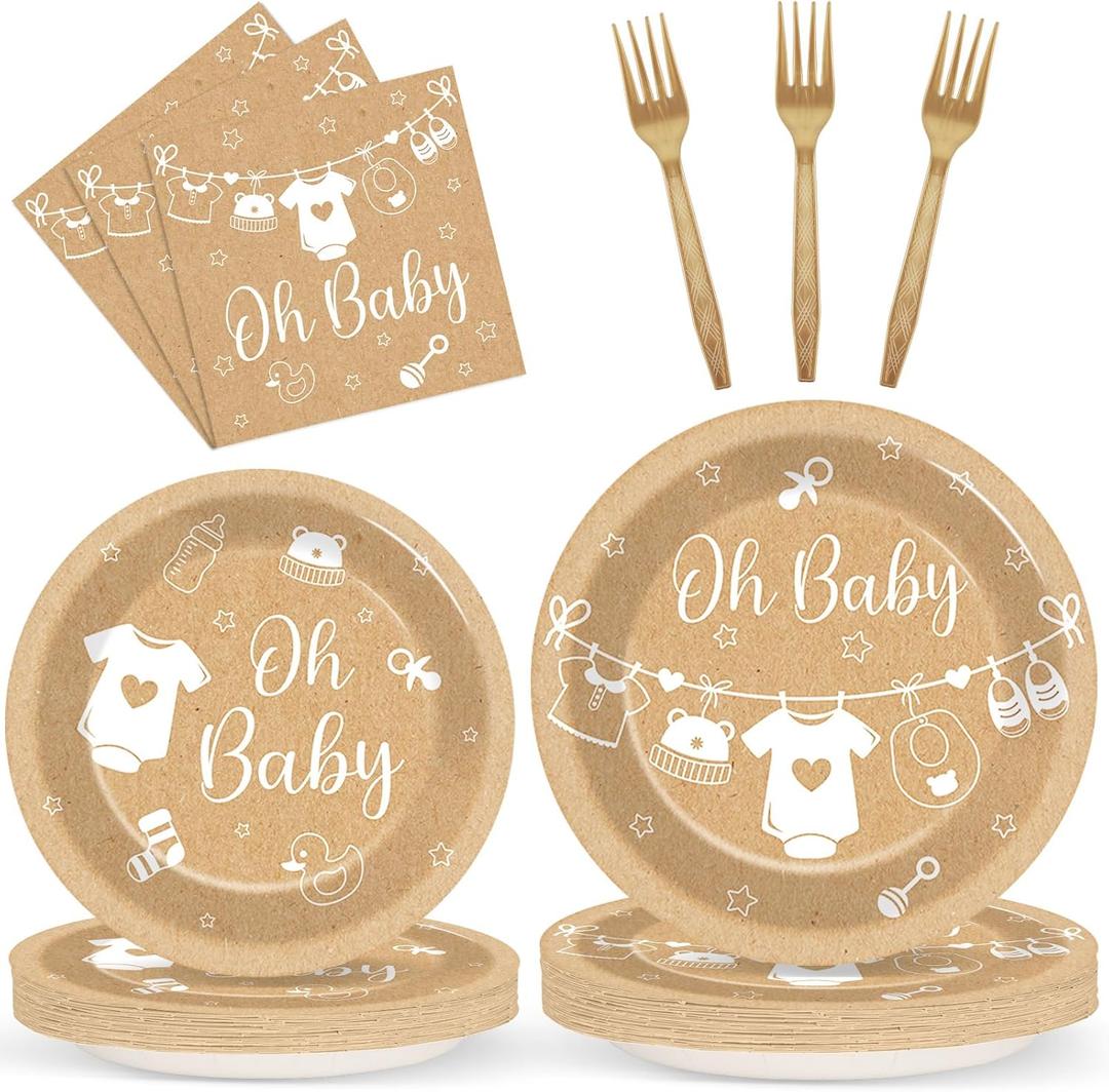 96Pcs Neutral Baby Shower Party Decorations Oh Baby Paper Plates and Napkins Party Supplies Brown Boho Tableware Dinnerware for Girl Boy Gender Reveal Birthday Baby Shower Decoration Serve 24 Guests