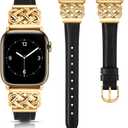 TOYOUTHS Leather Band Compatible with Apple Watch Bands Women 38/40/41/42mm Dressy Slim Leather Strap with Designer Interlock Buckle Bracelet for iWatch Series 10/9/SE/8/7/6/5/4/3/2/1, Black+Gold (38/40/41/42mm(Series 10))