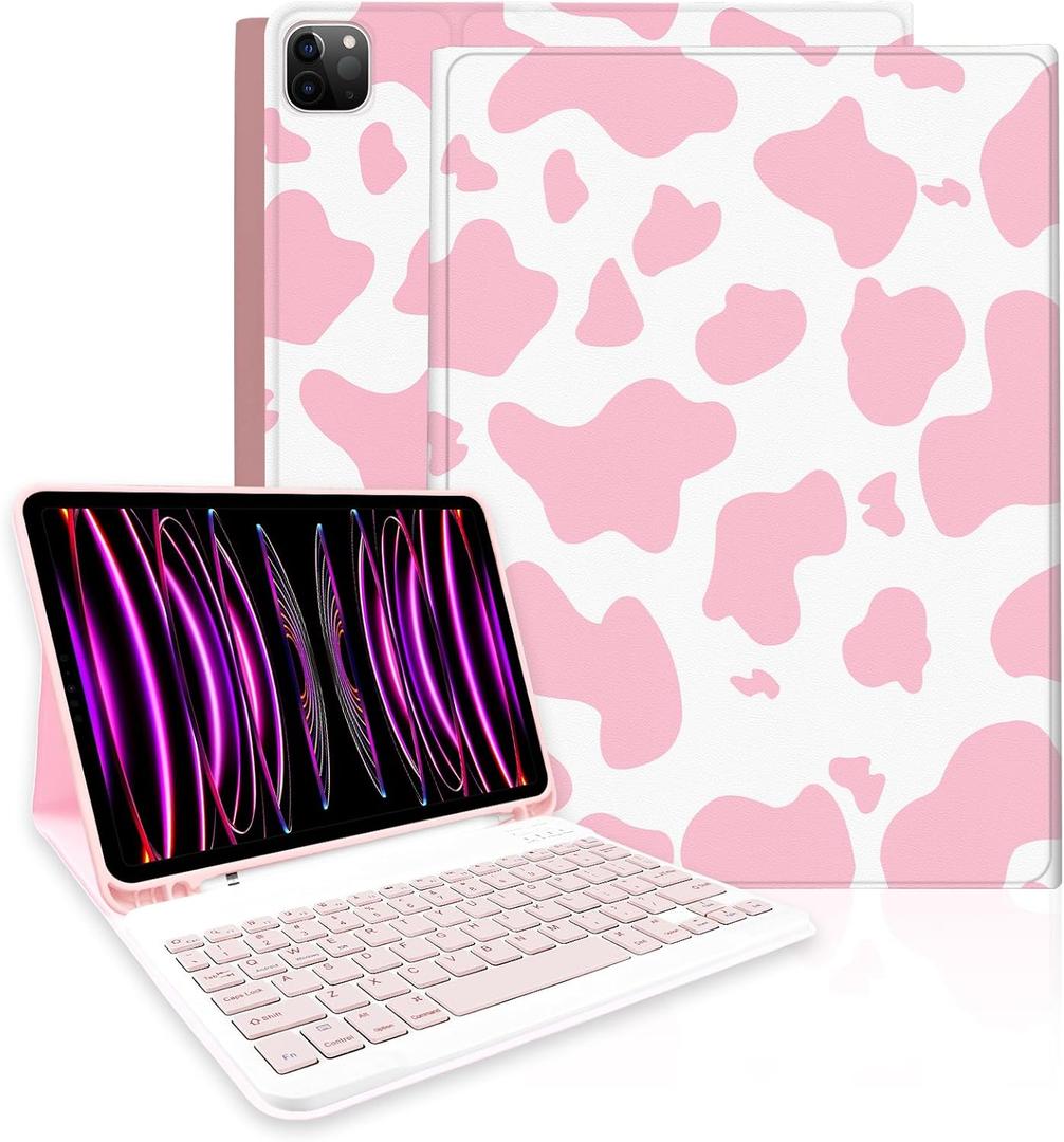 TopPerfekt Keyboard Case for iPad Pro 12.9" 6th/5th/4th/3rd Gen (2022/2021/2020/2018), Magnetically Absorbent, Auto Sleep/Wake,Support 2nd Gen Pencil Wireless Charge, with Pencil Holder - Pink Cow