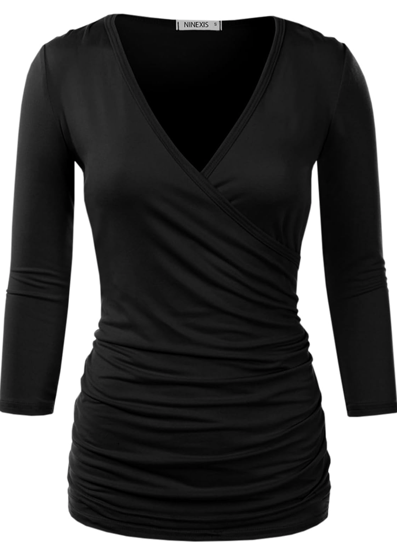 DOUBLJU 3/4 Sleeve Satin Ruched Hem Tank Tops Deep V Neck Tops Casual Basic Wrap Style T Shirts for Womens with Plus Size L