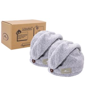 myHomeBody Hair Towel Wrap, Luxury Quick Drying Turban, Ultra Soft Absorbent Charcoal Fiber Cap, with Coconut Shell Button  2 Pack