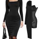 Popilush Cocktail Dress Long Sleeve Square Neck Midi Dress Shapewear Tummy Control Bodycon Dress Party Evening Built in Bra (Large)