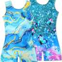2 Packs Gymnastics Leotards for Girls Mermaid Leopard Dance Leotard Kids Biketard with Shorts (4-5T, 1 a Blue Marble&butterfly)