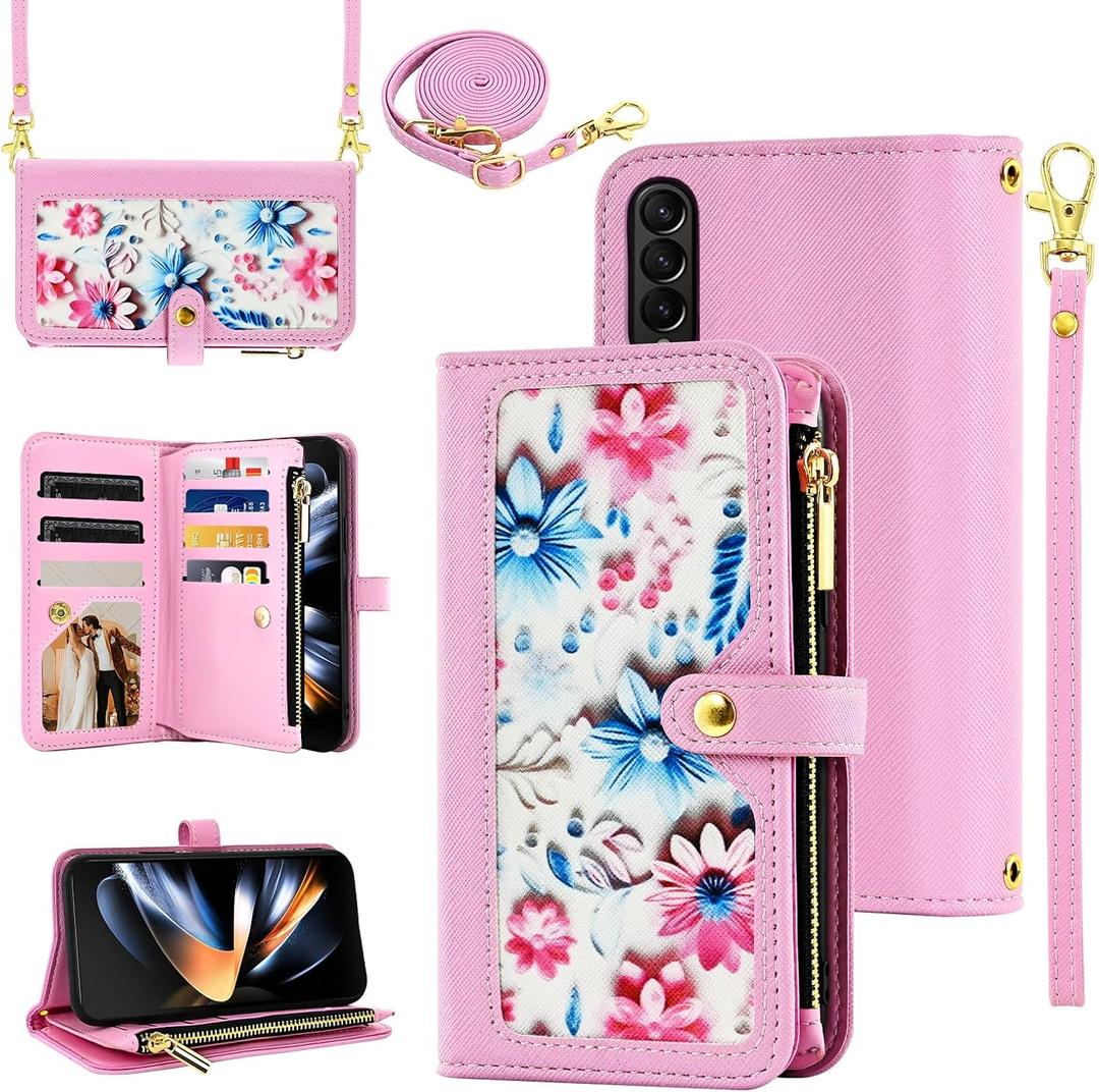 Floral Wallet Case for Samsung Galaxy Z Fold 4 5G 2022 with Wrist Strap Shoulder Strap Flip Zipper Purse, Luxury PU Leather Card Holder Stand Phone Cover for ZFold4 Z4 Fold4 4Z ZFold45G Pink