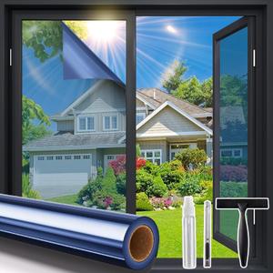Coavas One Way Privacy Window Film with Tools, Window Tint Adhesive Shatterproof Film for Home, Premium PET Heat Control Daytime Reflective Mirror Coverings, Blue, 35.4 x 78.7 Inch