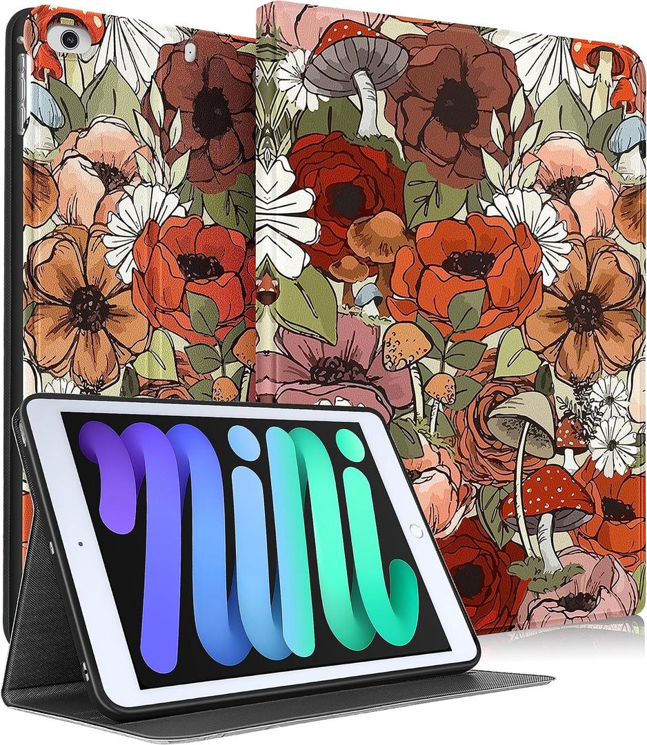 Uppuppy for Apple iPad Mini 5/4/3/2/1 Case, for iPad Mini 5th/4th/3rd/2nd/1st Generation Case Kids Cute Kawaii Folio Women Teen Girls Girly Mushroom Flower Design Cover for iPad Mini 7.9 Inch Case