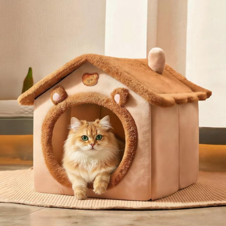 Cat Bed Cave, Cute Bear Shape Cat Beds for Indoor Cats, Pet House Cats Tent with Removable Cushion Pillow for Kittens Puppy Small Dogs (Brown-L, 20.4 * 16.9 * 19.6 In)