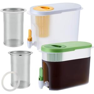 Gerrii 2 Pcs Cold Brew Maker, 1 Gallon Plastic Beverage Dispenser with 2 Filters, Drink Dispenser for Fridge, Cold Brew Pitcher with Spigot, Container for Juice, Water, Tea(Green, Yellow)