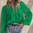 BETTE BOUTIK Women's Long Short Sleeve Tops 2025 Dressy Casual Button Hollow Out Lace Embroidered Blouses Shirts (Green)