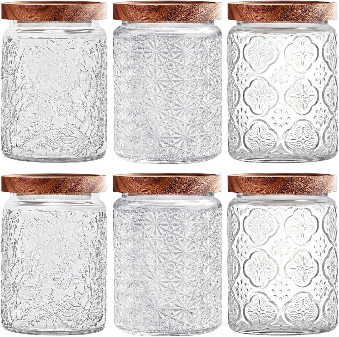 Vintage Glass Jars with Wooden Lids, 6 Pack 24 oz Airtight Glass Food Storage Containers Sets for the Kitchen, Sugar Coffee Candy Spice Cookie Tea Pasta ((24oz)Daisy*2 & Stars*2 & carving*2)