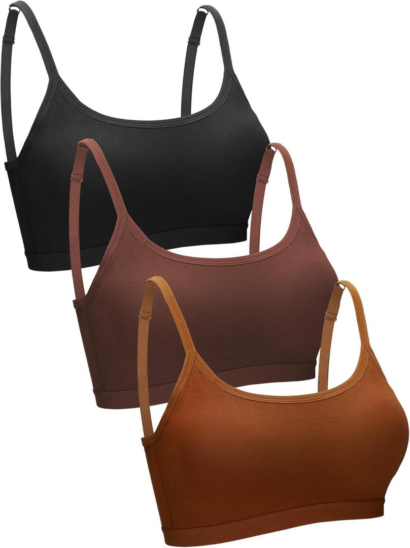Blulu 3 Pcs Mini Camisole Bra Wireless Padded Bra Sport Cami Bralette with Adjustable Straps for Women Girls (Large, Black, Dark Brown, Caramel)