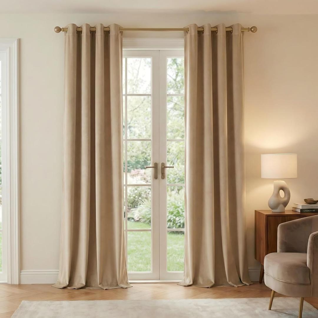 NICETOWN Beige Velvet Curtains 96 inches Long - Room Darkening Soundproof Window Treatment for Nursey, Grommet Top Drapes for Living Room (1 Pair, W52xL96 inches)