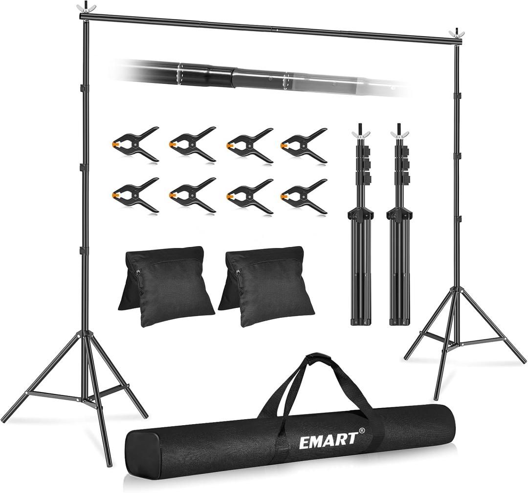 EMART Backdrop Stand 10x10ft(WxH) Photo Studio Adjustable Background Stand Support kit with 2 Crossbars, 8 Clamps, 2 Sandbags and Carry Bag for Parties, Events Decoration, Wedding, Photography (Black)
