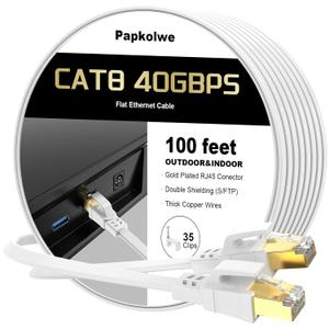 Cat 8 Ethernet Cable 100 ft, Heavy Duty High Speed Cat8 LAN Network Cable, 40Gbps 2000MHz RJ45 Flat Internet Computer Patch Cord, Weatherproof S/FTP UV Resistant for Gaming/Router/Modem,Outdoor&Indoor