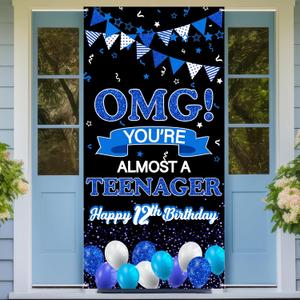 OMG You're Almost a Teenager Door Banner Blue Happy 12th Birthday Party Sign for Boys Twelve Years Old Birthday Party Decoration Supplies 12th Birthday Party Poster Background Photo Booth Props