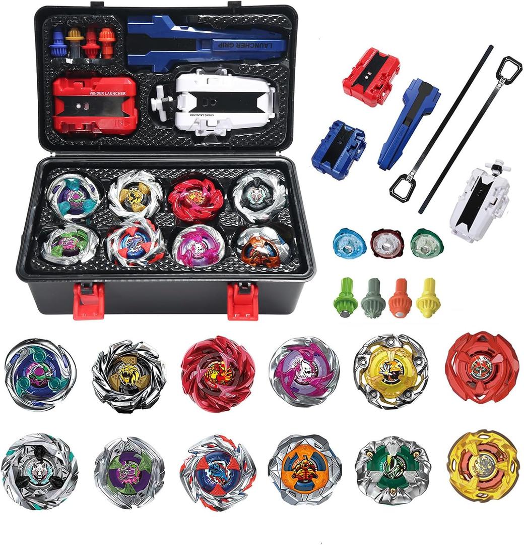 Battling Set, 12 Spinning Tops, 3 Launchers 1 Grip 3 Middle Rings and 4 Bases, with Storage Box, Kids Toys Birthday Gift Ideal for 6+ Years Old Boys, U-X