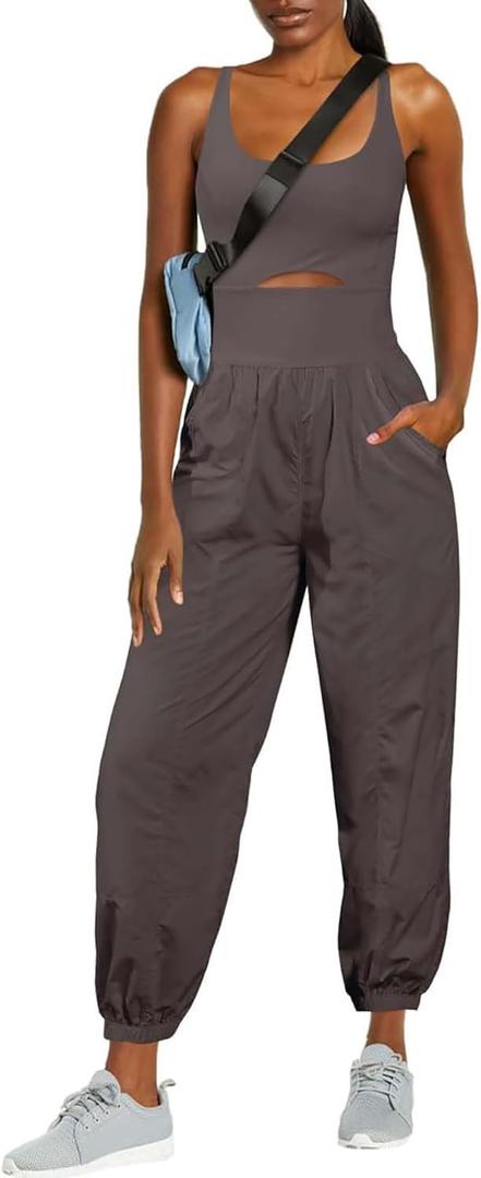 ReachMe Womens Running Onesie Athletic Romper Pants Hiking Outfits One Piece Workout Jumpsuits with Pockets (Medium, Charcoal Grey)