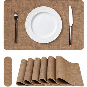 Faux Leather Placemats Set of 6, NCUE 100% Waterproof and Heat Resistant Table Mats, Washable Kitchen Place Mats, Reversible Table Decorative Accessories for Indoor and Outdoor (Light Brown, Set of 6)