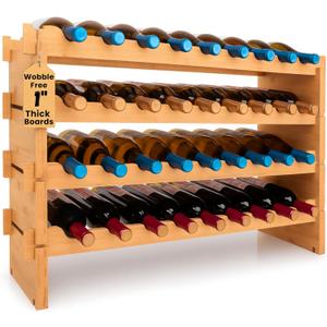NutriChef 36 Bottle Rack Stackable Bamboo Freestanding, 4-Tier Modular Shelf, Sturdy Wobble Free, Upgraded 2026 Design, Easy No-Tool Assembly for Kitchen, Cellar or Bar Storage 33.5" x 10" x 21"