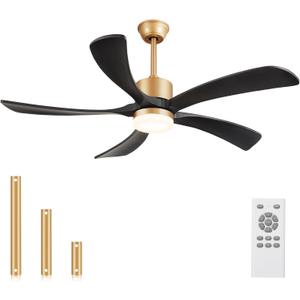54" Black and Gold Ceiling Fan with Lights and Remote, USA Original Patent Modern Ceiling Fans, ETL Listed, 5 Wood Blades, 3 Downrods, 6 Speeds Reversible DC Motor, Gold Black Fans for Patio Bedroom